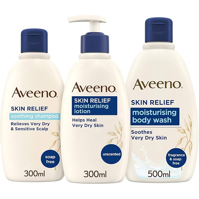 Aveeno Skin Relief Regime Bundle Body Wash Body Lotion and Shampoo for Sensitive Very Dry Skin and Scalp, Blue, 3 count - Image 1